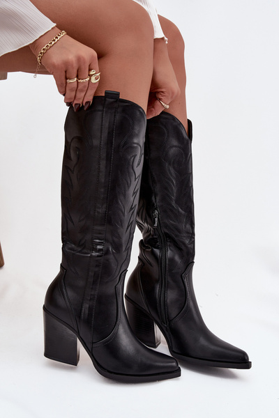 Bottes de Cowboy Sur Talon Cuir Écologique Isolées Noires Zareen
