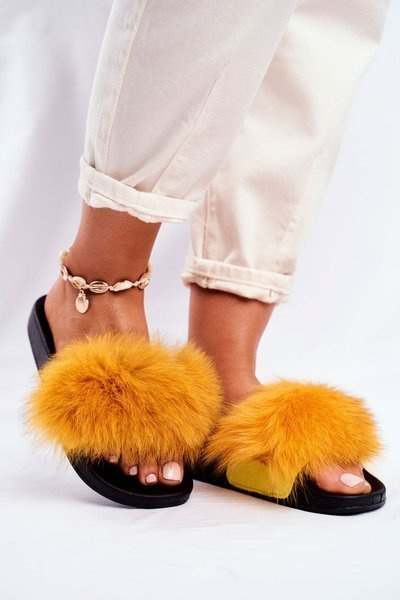 Pelzige Flip Flops für Frauen Gelb Belmondo