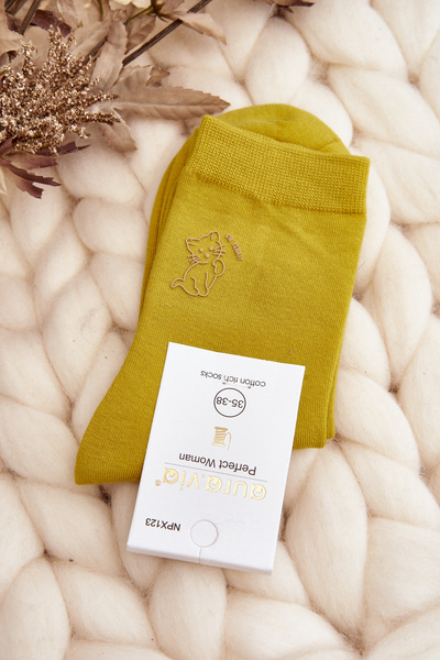 Chaussettes Femme Unies Avec Chat Jaune