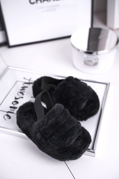 Claquettes enfant avec nœud et fourrure noir Fluffy