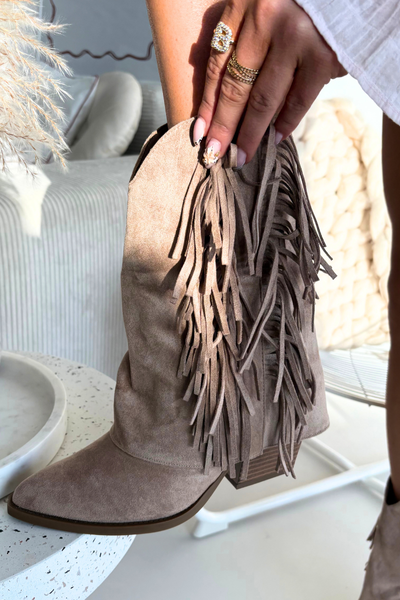 Bottes de cowboy pour femmes à franges sur talon Khaki Gralina