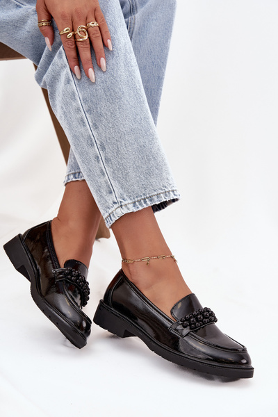 Mocassins en cuir verni pour femmes avec perles S.Barski HY52-541 Noir