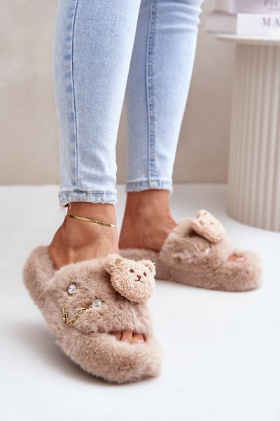 Women’s Furry Slippers With Bear And Decorative Elements Beige Innalise