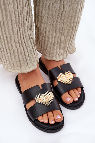 Sandales Plates Femmes Avec Décoration Dorée Noires Karinma