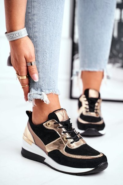 Baskets Compensées en Cuir Vinceza 7777 Noir-Or