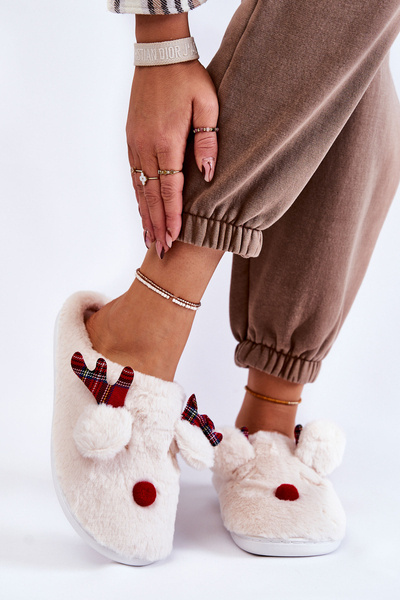 Chaussons de Noël femme en fourrure avec renne crémeux Claire