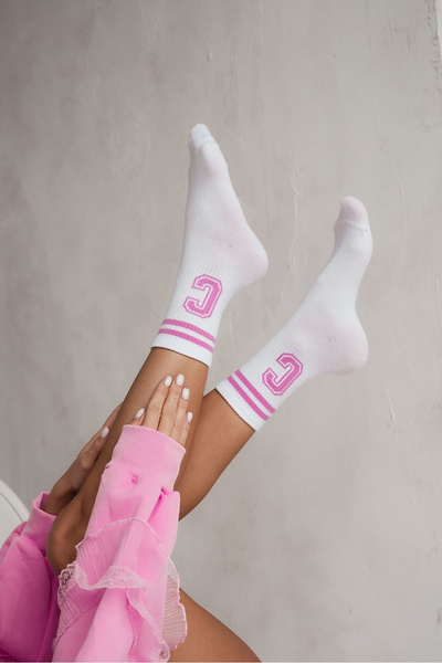 Damen Socken Mit Streifen Und Buchstabe C Weiß-Rosa