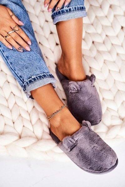 Pantoufles En Fourrure Pour Femme Avec Petites Oreilles Hippopotame Gris