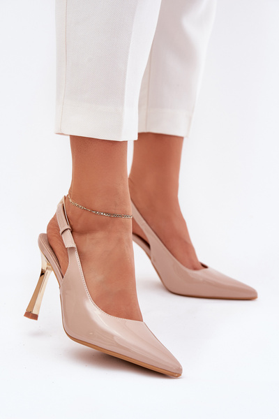 Lackierte High Heels Mit Offener Ferse Und Spitzem Zehen Beige Rivori