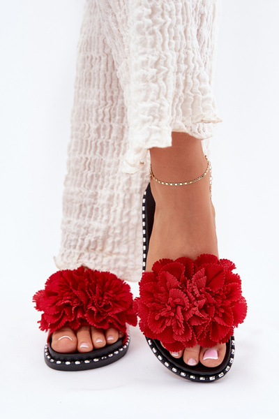 Chaussons Femme Avec Fleurs En Tissu Rouges Elachase