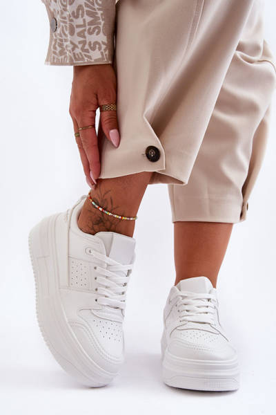 Women's Leather Sport Shoes On Massive Platform White Belisso
