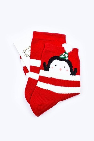 Chaussettes De Noël Rayées En Coton Avec Pingouin Rouge