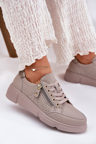 Chaussures de Sport en Cuir Baskets sur Plateforme avec Fermeture Éclair Vinceza 88019 Beige Foncé
