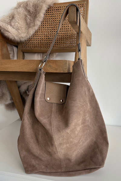 Large Leather Suede Bag Dark Beige Hanelle