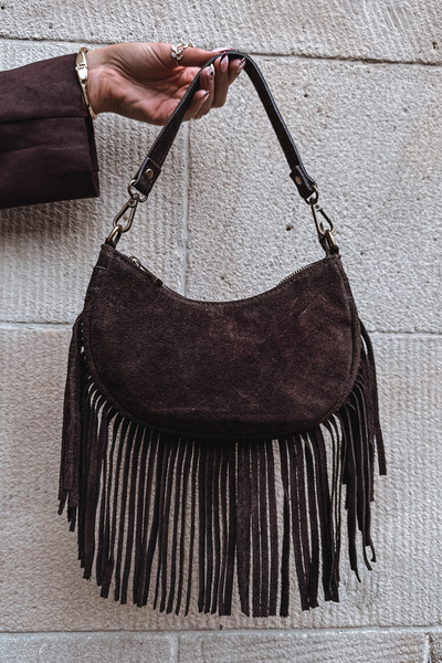 Sac en cuir suédé avec franges chocolat Aurelisse