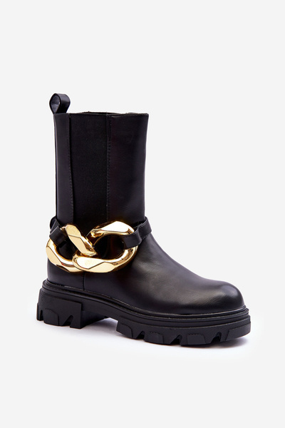 Moderne Lederstiefel Stiefeletten mit Kette Schwarz Kambiz