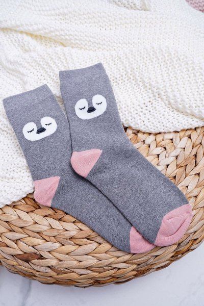 Damen Socken Warm Grau mit Pinguin