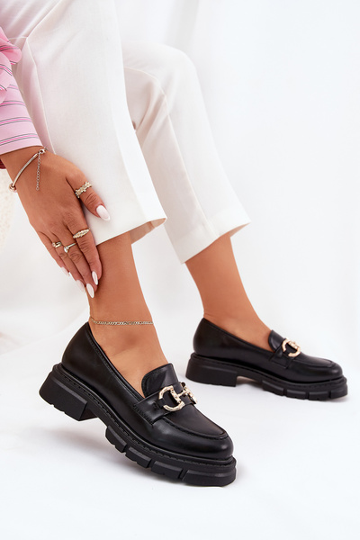Mocassins Femmes En Cuir Écologique Avec Détail Doré Noir Ravalissea