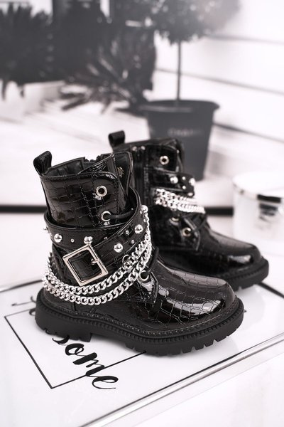 Bottes Pour Enfants Avec Chaîne Isolées Avec Fourrure Verni Noir Dolly