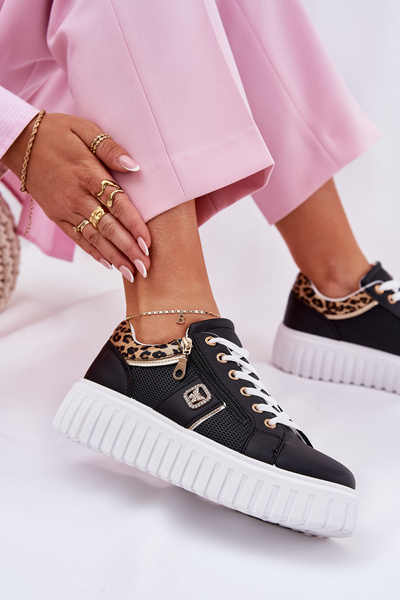 Baskets Sportives Femmes Sur Plateforme En Cuir Écologique Panthère Noires Velionna