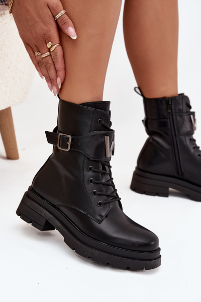 Bottes de travail pour femmes en cuir écologique avec sangle décorative Noire Ylianne