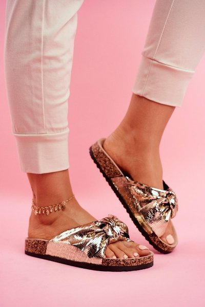 Damen Flip Flops mit großer Schleife Gold Lovely Time