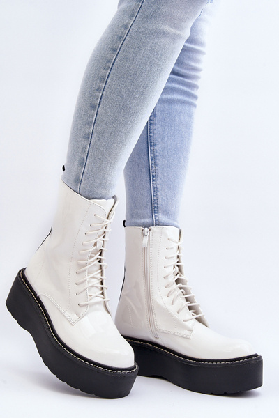 Bottes femme en cuir verni blanc à semelle épaisse Movana