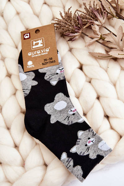 Lustige Damensocken Tiermuster Katzen Schwarz