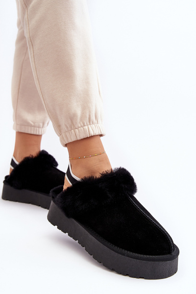 Pantoufles En Cuir Suédé Pour Femmes Sur Plateforme Avec Fourrure Noires Sophienne