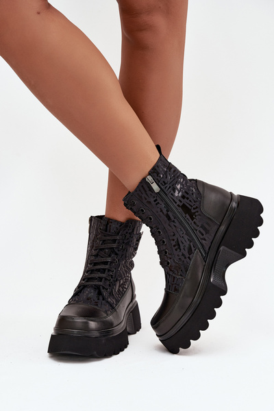 Bottines pour femmes en cuir à plateforme avec inscriptions et détail décoratif Artiker 57C2273 Noir
