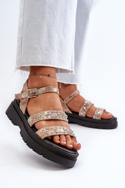 Sandales Embellies Femme Cuir Eco Doré-Beige Arcida