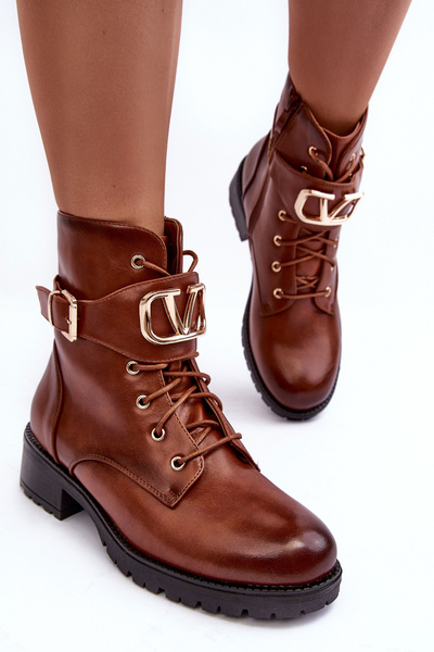 Damen Gefütterte Stiefel Worker Mit Goldener Schnalle Braun Vera