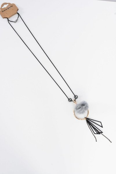 Collier Femme Avec Pompon Longue Chaîne Gris