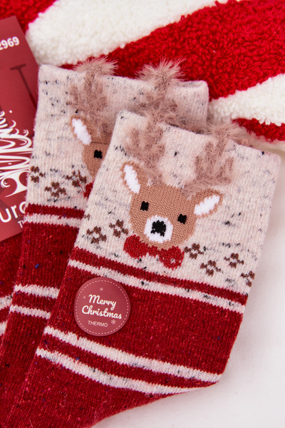 Chaussettes de Noël pour femmes Avec Renne Et Rayures Laine Alpaga Rouge