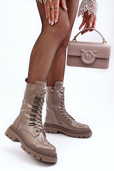 Fényes, fűzős, női bokacsizma, sötét bézs SBarski MR870-72