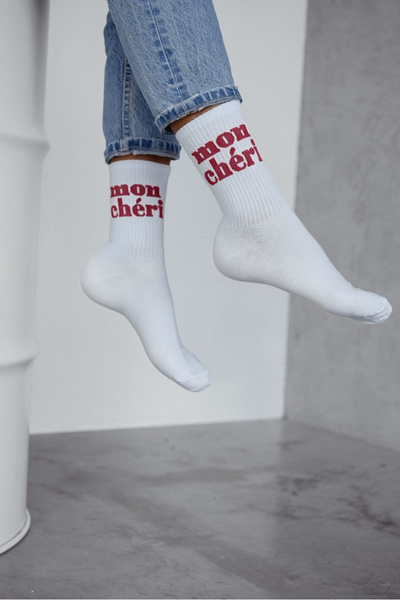 Chaussettes Femmes Mon Chéri Coton Blanc Avec Écriture Bordeaux
