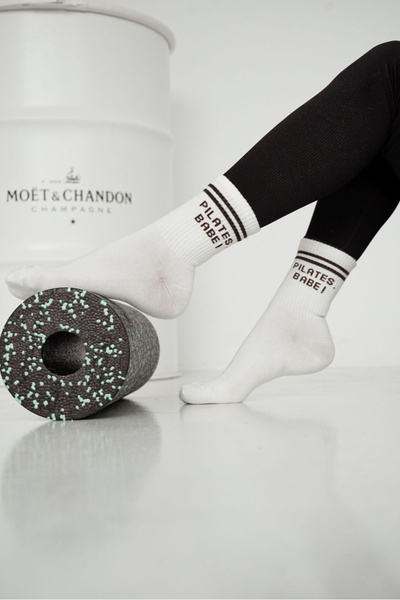 Women's Socks With Brown Writing PILATES BABE Ecru