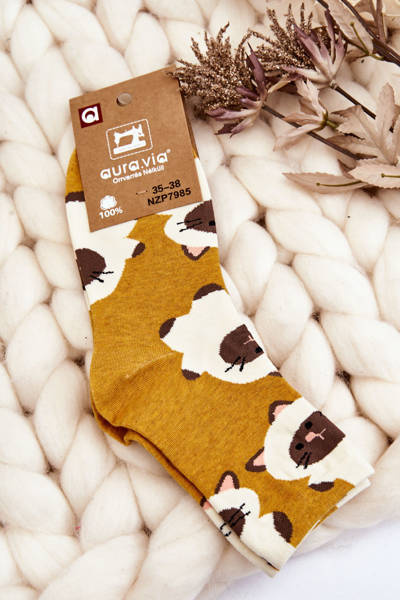 Lustige Damensocken Tiermuster Katzen Dunkelgelb