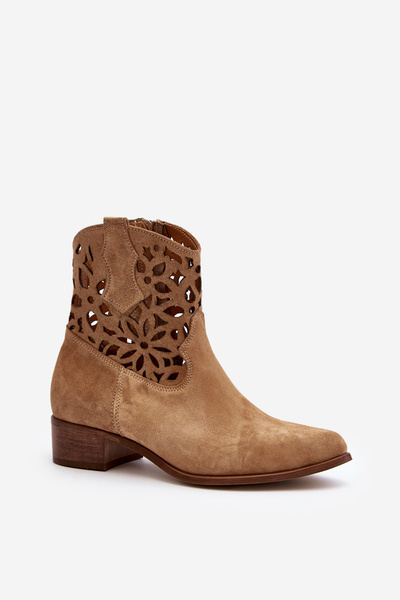 Durchbrochene Cowboy-Stiefeletten mit niedrigem Wildlederabsatz Zazoo 3404 Beige
