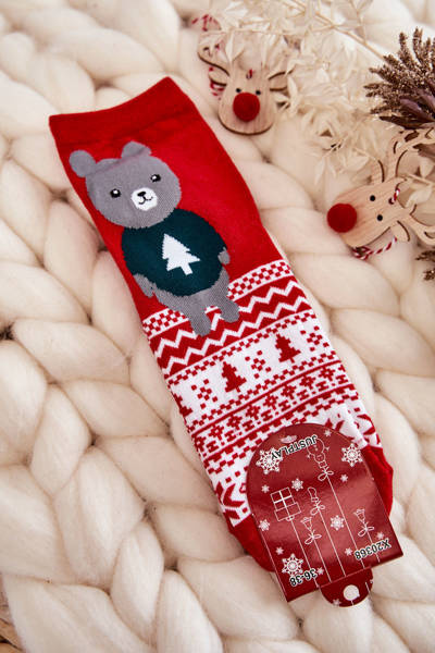 Women's Socks Christmas Patterns With Bear Red