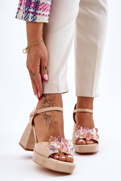 Sandales à la mode avec cristaux sur talons épais Beige Garrett