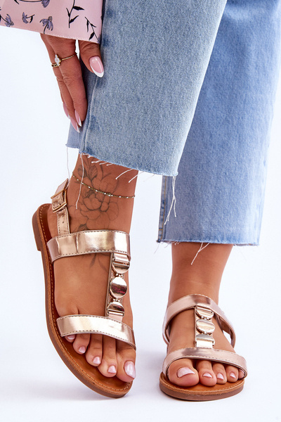 Women's Flat Sandals With A Decorative Belt Gold Berry
