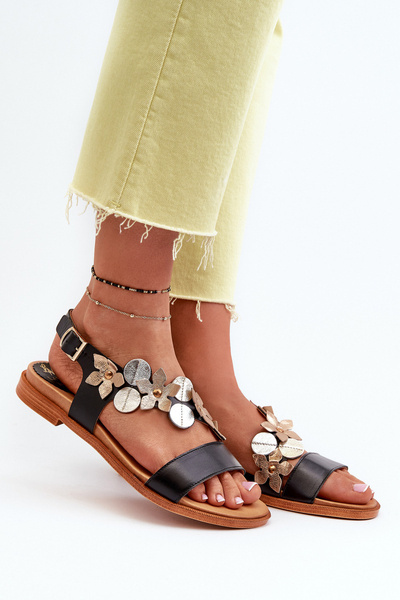 Sandales en cuir pour femmes ornées de fleurs Laura Messi 2762 Noir