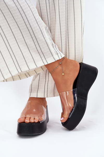 Sandales femme avec sangle transparente sur talon compensé noir Meltiana