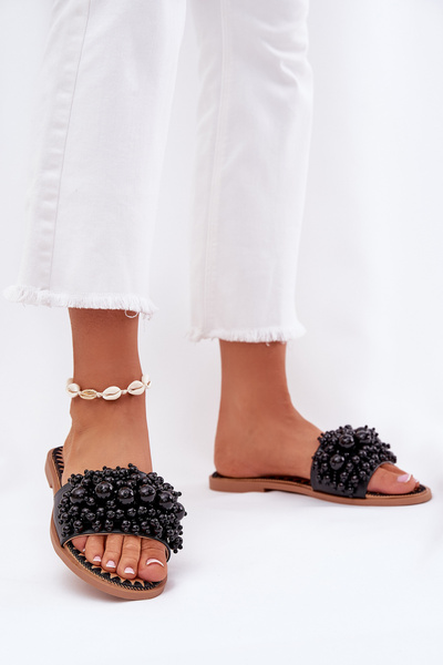 Sandales Plates Pour Femmes Avec Perles Décoratives Noires Aricca