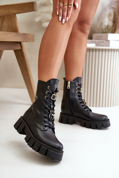 Botine Din Piele Pentru Femei Worker Cu Prinderi Negre CheBello 4247