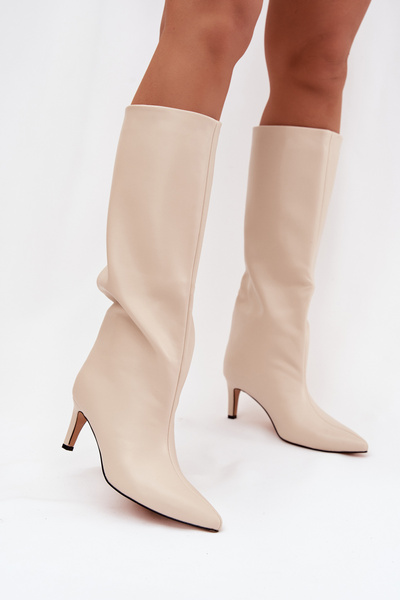 Damentaugliche Schlupf-Warmstiefel auf Absatz hellbeige olive