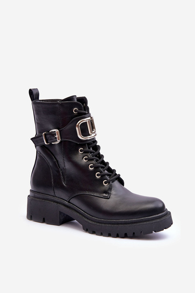 Stylish Lace-up Boots with Ornament  Black Ollia