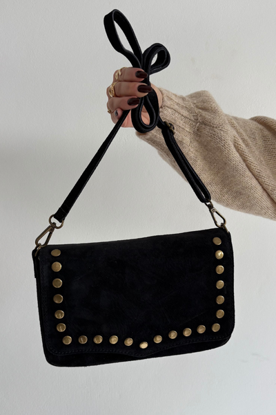 Suede Leather Bag With Rhinestones Black Rhenna