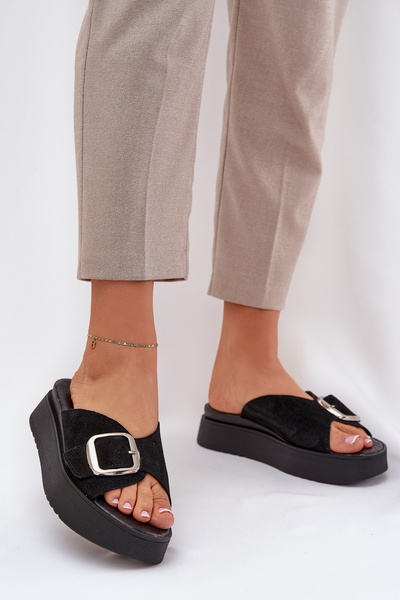 Sandales En Daim Pour Femmes Avec Boucle Sur Plateforme Noires Zazoo 3019